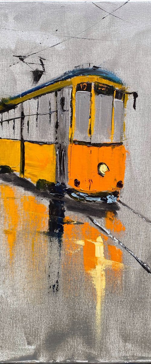 Orange old streetcar on silver by Dmitry Fedorov
