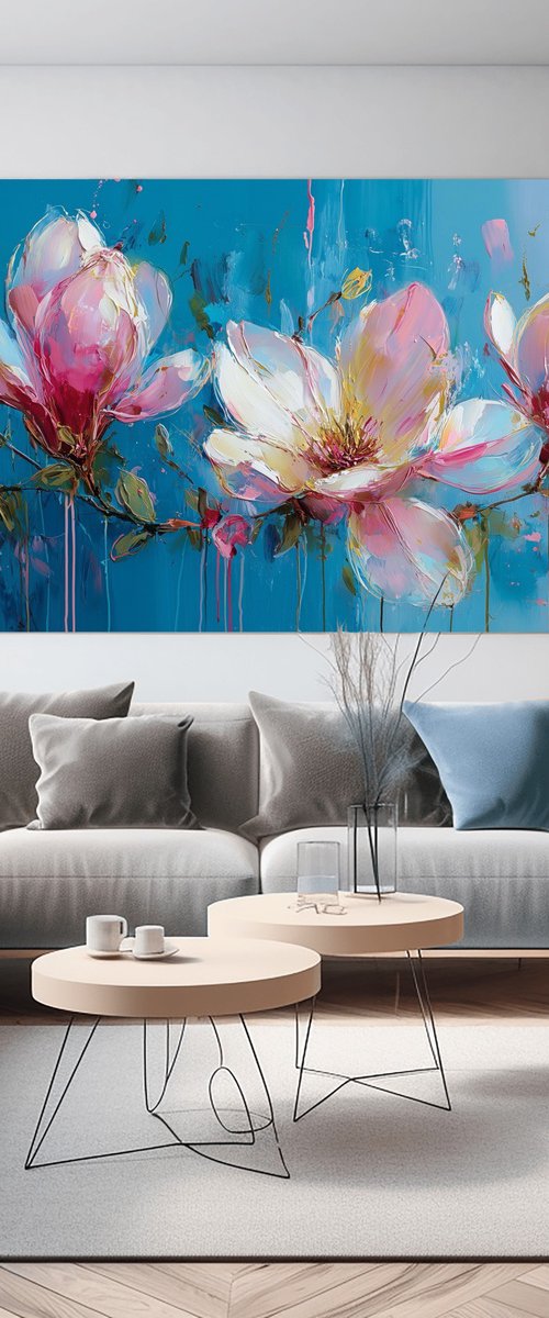 Magnolia on Turquoise Blue by Mily Art