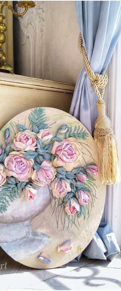 Pink Roses Palette Knife Art by Irina Stepanova