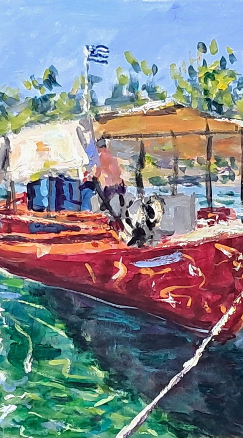 Red boat green waters by Dimitris Voyiazoglou